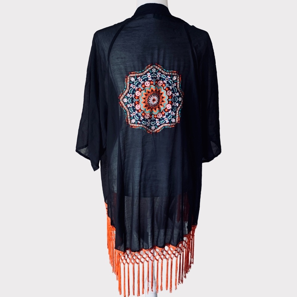 TURQUOISE HAVEN BLACK KIMONO WITH TUSSLE HEM COLORFUL MEDALLION ON THE BACK